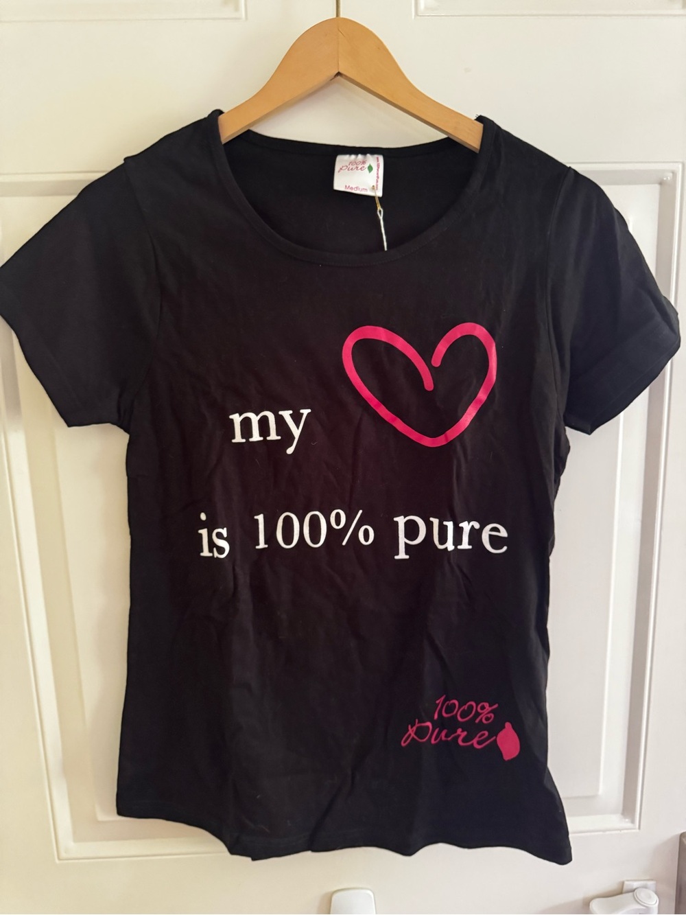 100% Pure Black Top with Pink Logo and Green Leaf - Small - NWT